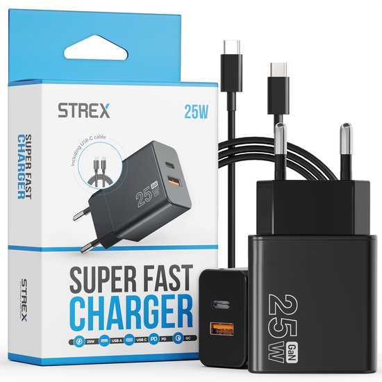 Strex USB-C & USB-A Snellader 25W - GaN Oplader met PD 3.0 & QC 3.0 - Inclusief USB-C Kabel - Zwart