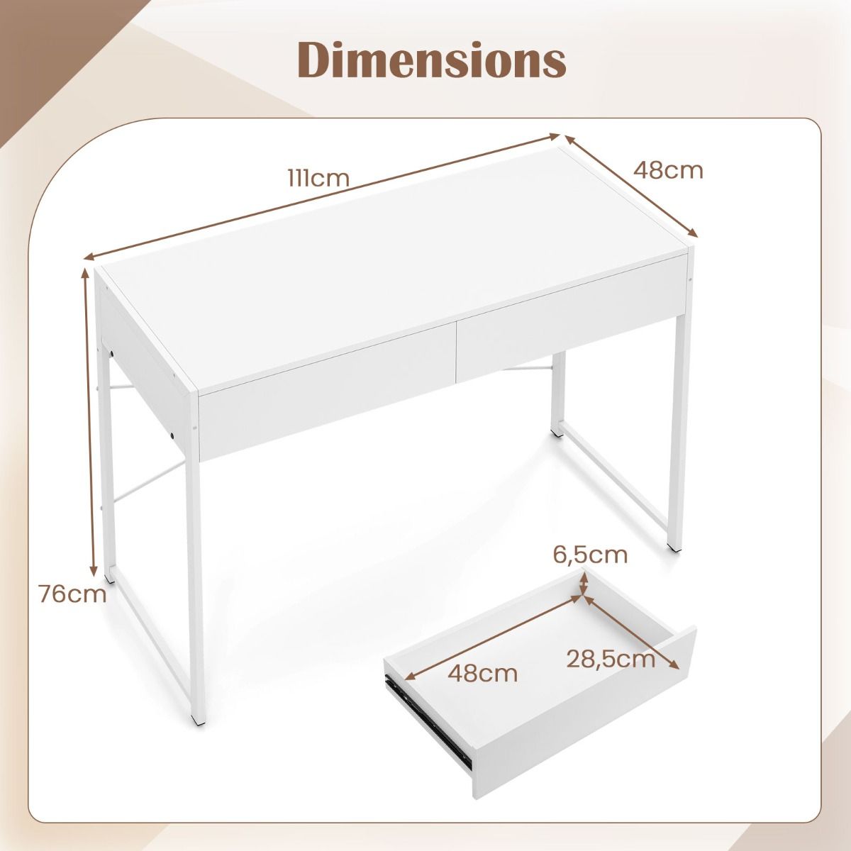 Coast Bureau met 2 lades - compact - stabiel metalen frame - rustiek bruin en zwart - 111 x 48 x 76 cm