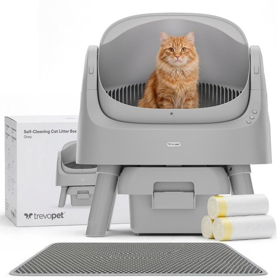 TrevoPet® Automatische Kattenbak - Zelfreinigend & Veilig - Voor Katten tot 12KG - Incl. Mat, 60 Afvalzakjes & Accessoires - 10L Afvalbak - Grijs