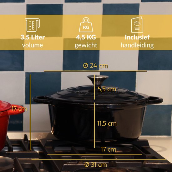 Chefarone Gietijzeren Pan 3.5L - PFAS vrij - Braadpan Inclusief Deksel - Geschikt Voor Alle Warmtebronnen - Geëmailleerd Zwart