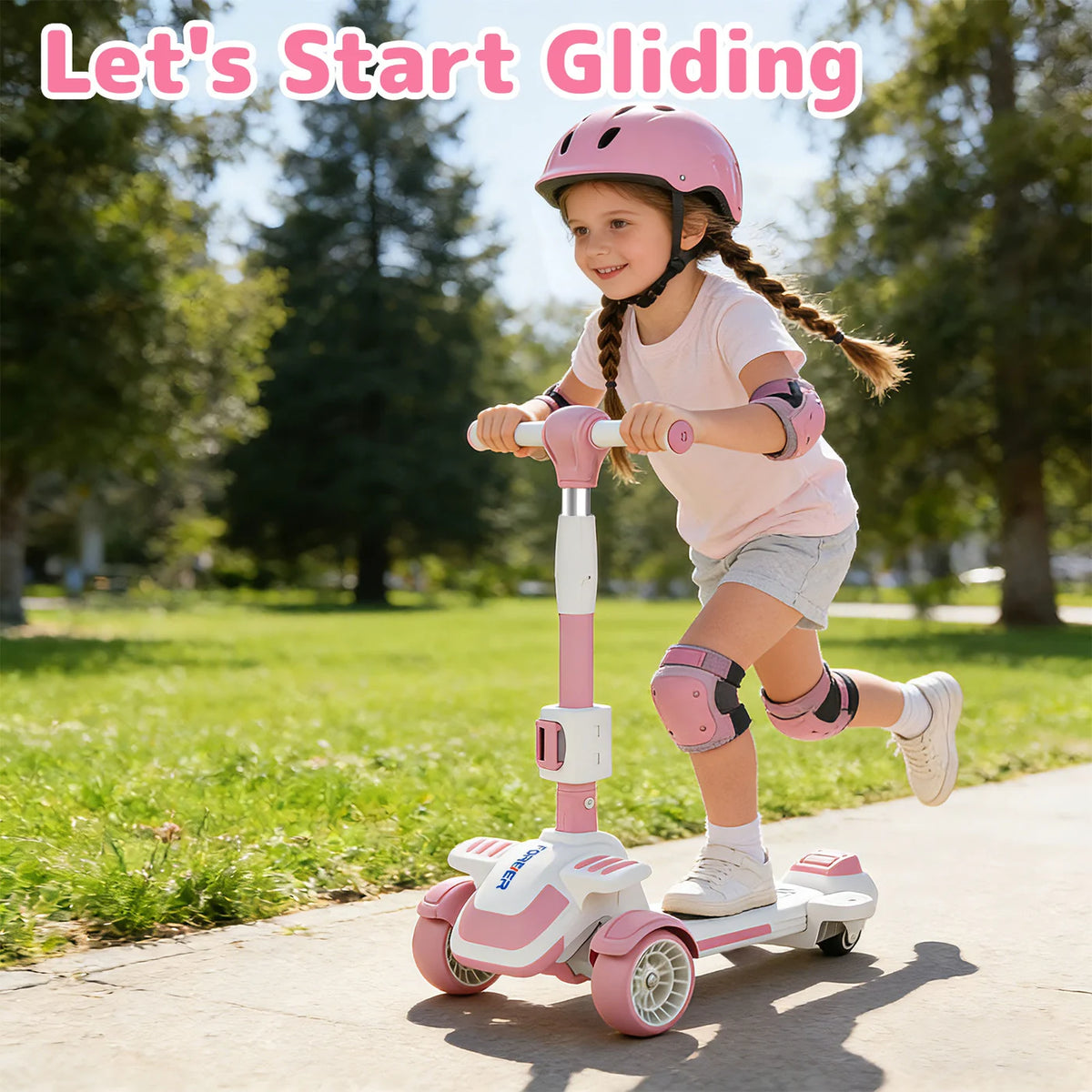 Neuleb 4 Wheel Scooter for Kids Ages 3-8 Years, Kick Kids Scooter with Swivel Seat, Max load Capacity 100KG, Adjustable Heights, Lean to Steer, Suitable for Boys & Girls, Pink