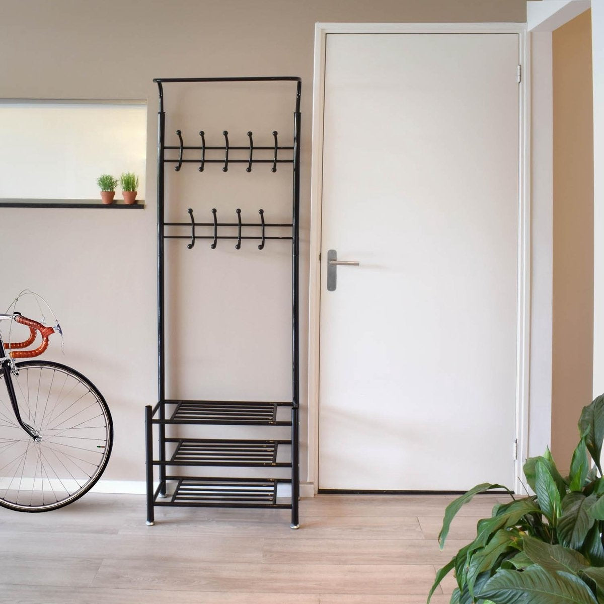 O'DADDY® kapstok staand – kapstokken - kapstok met schoenenrek – kapstok zwart - garderoberek - garderoberek met kapstok - garderoberek met schoenenrek- garderoberek metaal - 66 x 30 x 190 cm - zwart