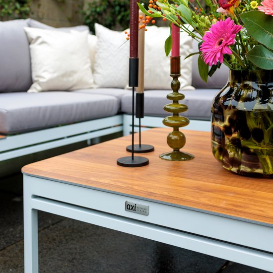 AXI Eos Loungeset met ligbed Wit met Hout-look PSPC – Hoekset met tafel - Gepoedercoat aluminium frame – Geïntegreerd ligbed - PSPC tafelblad