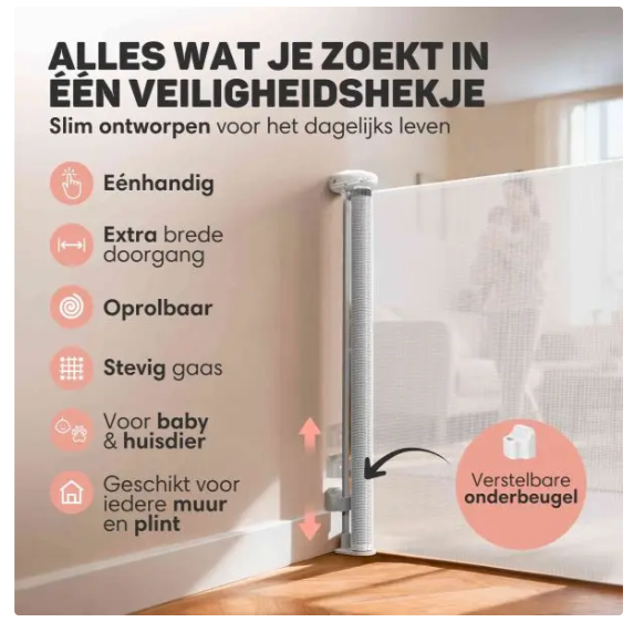 Vulpes Goods® – Oprolbaar Traphekje – 145 x 84 cm – Voorzien Van Push-En-Lock Kinderslot En Kleurindicator En Eénhandige Bediening – Voor Kinderen En Huisdieren – Wit Kunststof En Gaas