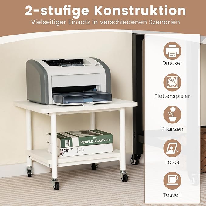 Coast Printertafel met 2 Niveaus en Wielen – 49 x 40 x 38 cm – Wit