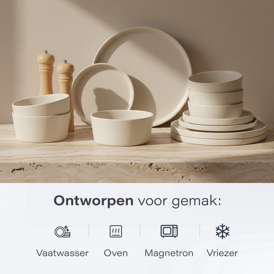 Luft Serviesset 6 Persoons - Restaurant Bordenset - Kommen - Eetborden - Modern - Massief Aardewerk, Keramiek - Crème/beige/wit - 18 delig