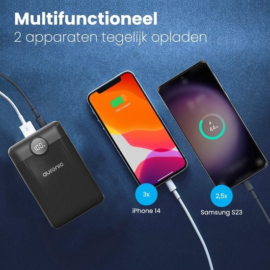 Auronic Powerbank - Geschikt voor iPhone 12/13/14/15 en Samsung S21/S22/S23 - 10.000 mAh - 22.5W - 2 Oplaadpoorten - Snelladen via USB-A en USB-C - Zwart