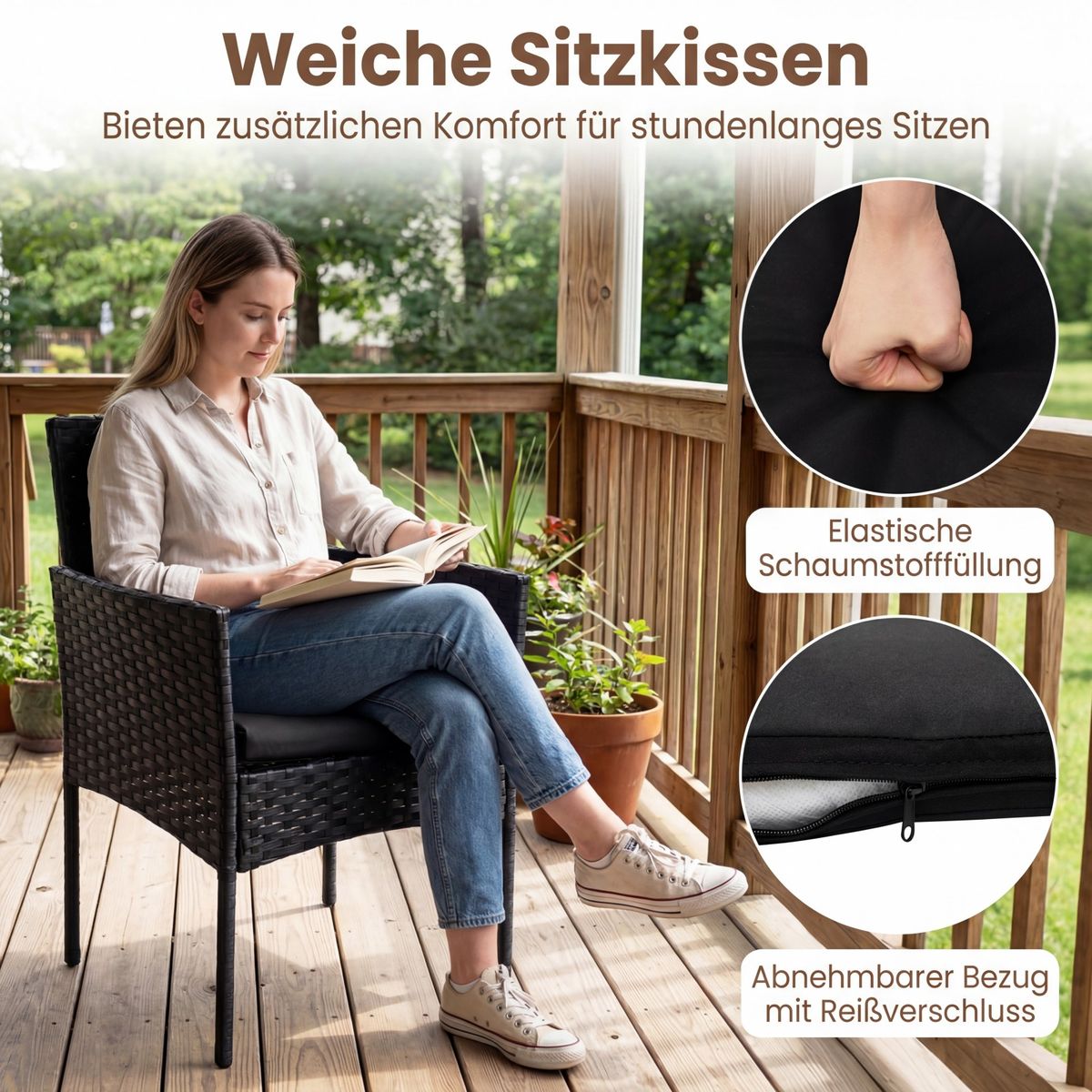 Coast 3-delige tuinset - 2 stoelen en tuintafel - handgevlochten rattan - zwart