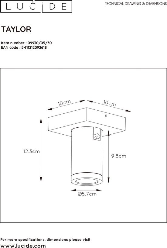 Lucide TAYLOR - Plafondspot (Plafondlamp) Badkamer - LED Dim to warm - GU10 - 1x5W 2200K/3000K - IP44 - Zwart