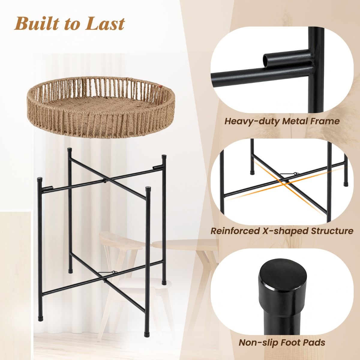Coast Bijzettafelset rond - handgevlochten boho vlechtwerk - metalen poten - naturel - set van 3