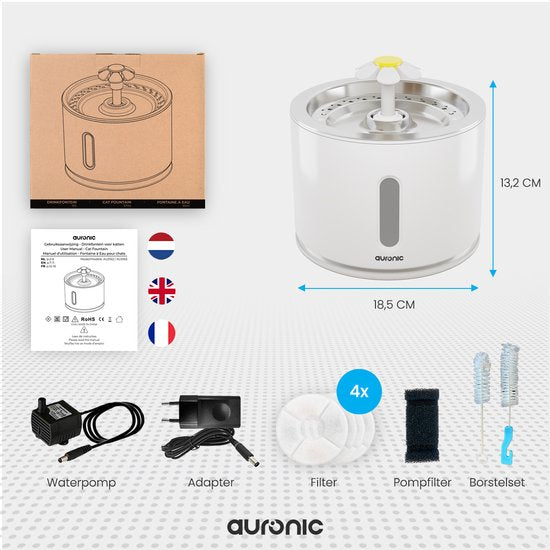 Auronic Drinkfontein voor Kat - Katten en Honden - Stille 2,4L Waterfontein met 4 Filters en 2 Borstels - Waterbak - Drinkbak - Wit