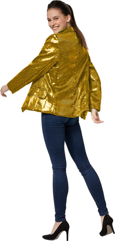 Dressforfun Paillettenjas dames goud XXL - verkleedkleding kostuum halloween verkleden feestkleding carnavalskleding carnaval feestkledij partykleding - 303850