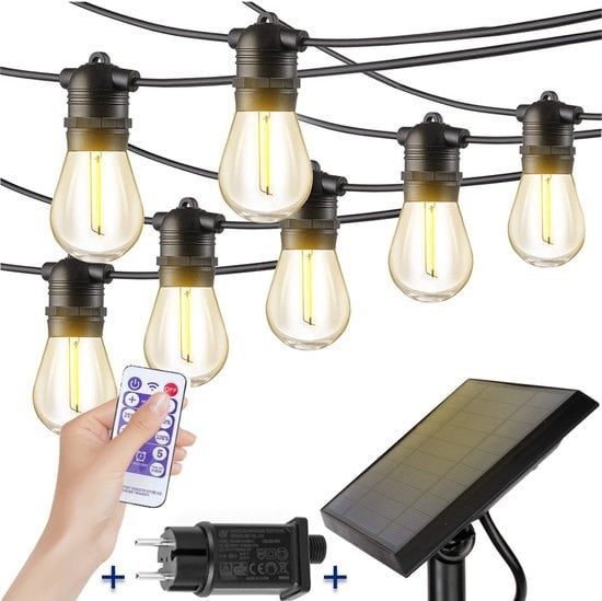 SHINE - Lichtsnoer buiten - Lichtslinger op Zonne-energie - Solar Led Prikkabel - Feestverlichting - Lampjes slinger - Tuinverlichting - Vintage Basic Sfeerverlichting - 12 Led E27 Lampen met Afstandsbediening (8,3 Meter)