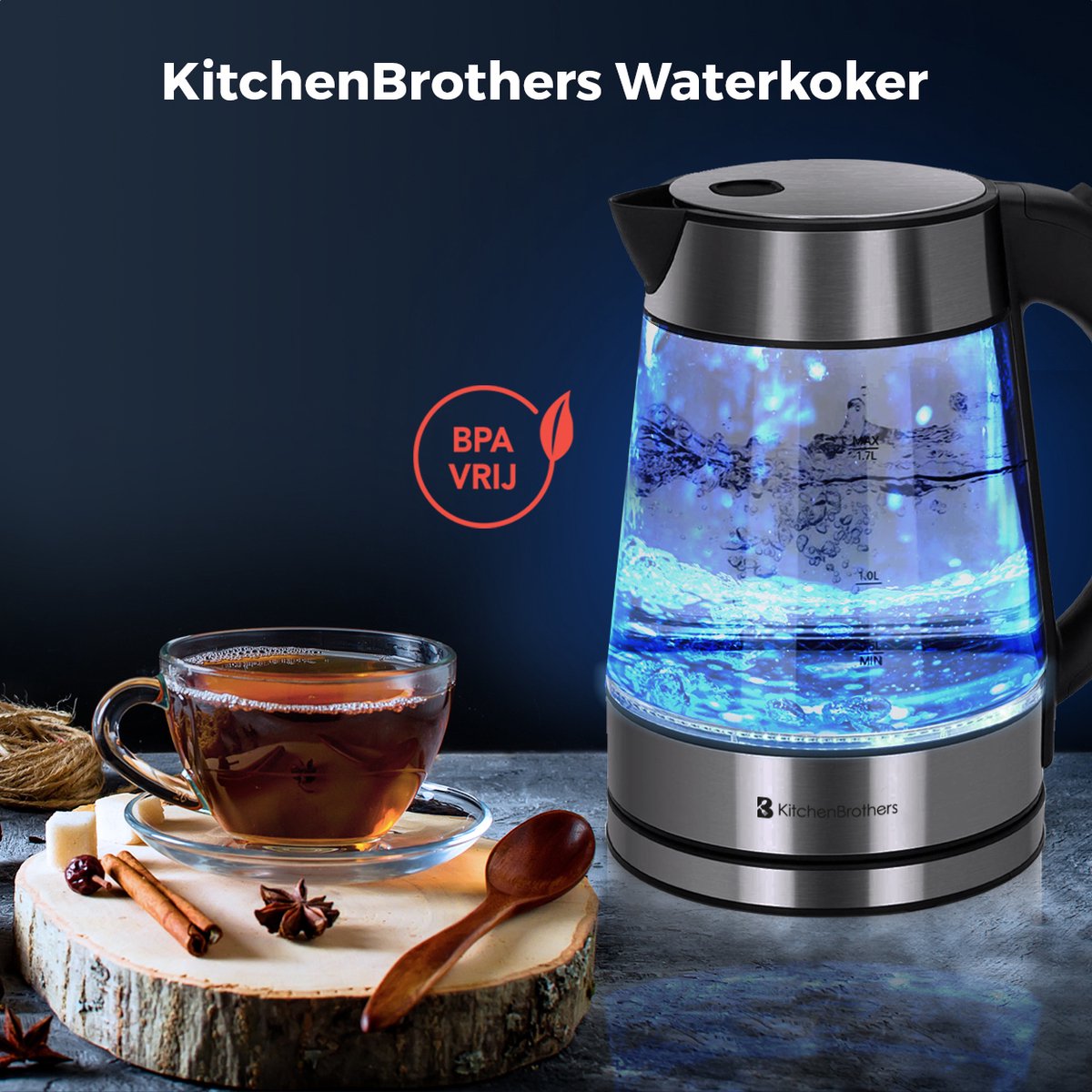 KitchenBrothers Waterkoker - 1.7L - Glas - BPA vrij - 2200W - 24.51x16.04x22.70 cm - Glas|Zonder temperatuurregeling