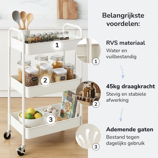 Keuken trolley op Wieltjes - 3 laags - Keukenrek - Serveerwagen - Kastje - Karretje - Opberg - Douche kastjes staand - Rekje - Wit - Luft