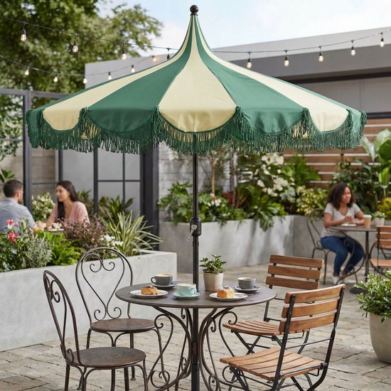 Mica Decorations Kim Gestreepte Parasol met Draagtas - Stokparasol 238 x Ø235 cm - Tuin of Balkonparasol - Polyester, Staal - Donkergroen
