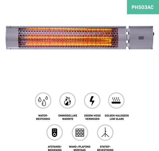 VONROC Sfeervolle terrasverwarmer – Marsili 2000W – Hoog rendement – Zilver - Low Glare lamp – 2 Warmteniveaus – Met afstandsbediening