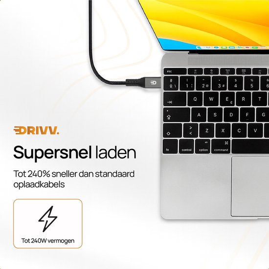Drivv. USB C naar USB C Kabel 4.0 - Gen 3 - 240W Snellader - 8K 60Hz - 40Gbps - 1 Meter - Nylon - Zwart