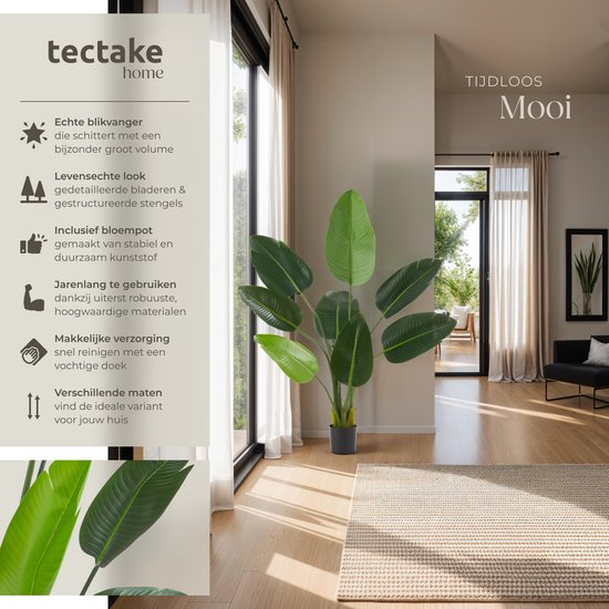 tectake® Kunstmatige Paradijsvogelboom Tropic – Strelitzia - Natuurgetrouwe Kunstplant met Gedetailleerde Bladeren en Stevige Bloempot – Onderhoudsvriendelijk en Veelzijdig – Hoogte: 120 cm