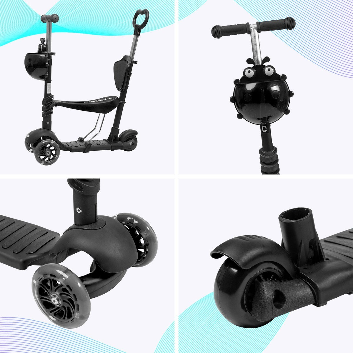 LifeGoods MultiRider - Kinderstep - Duwstang - 2 Lichtgevende Wielen - Zwart