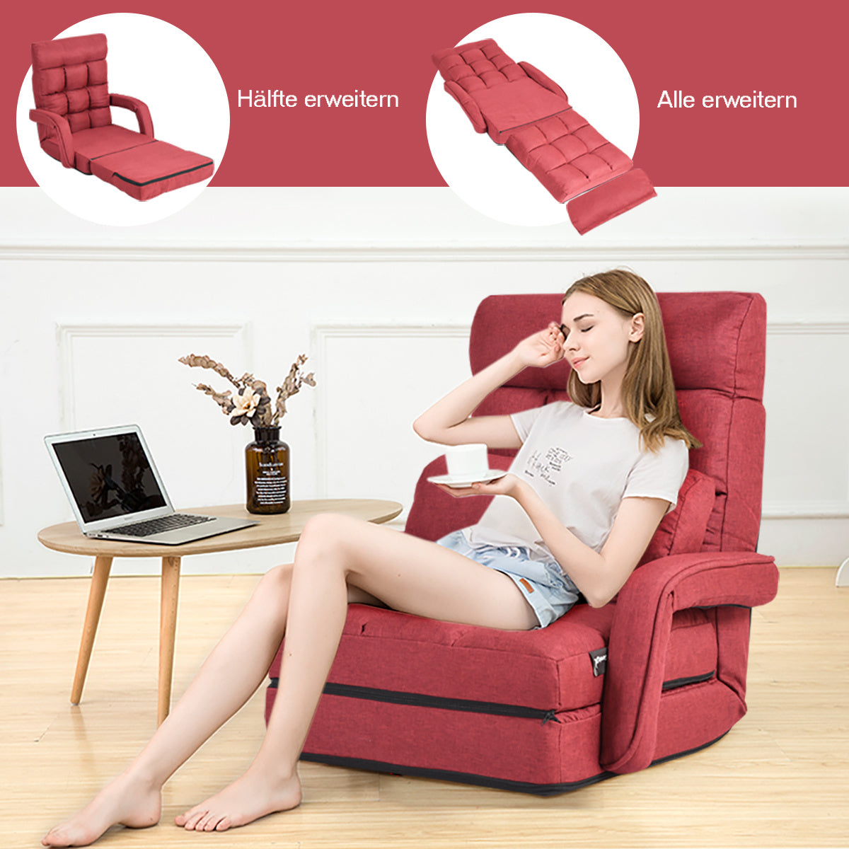 Coast Vloerstoel Rood – 62 x 35 x 70 cm – Verstelbare Opvouwbare Relaxstoel met Kussen