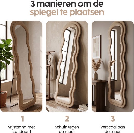 Infinity Goods Passpiegel Wavy - 160x60 cm - Design Wandspiegel - Gestoffeerde Staande Spiegel - Suède - Beige