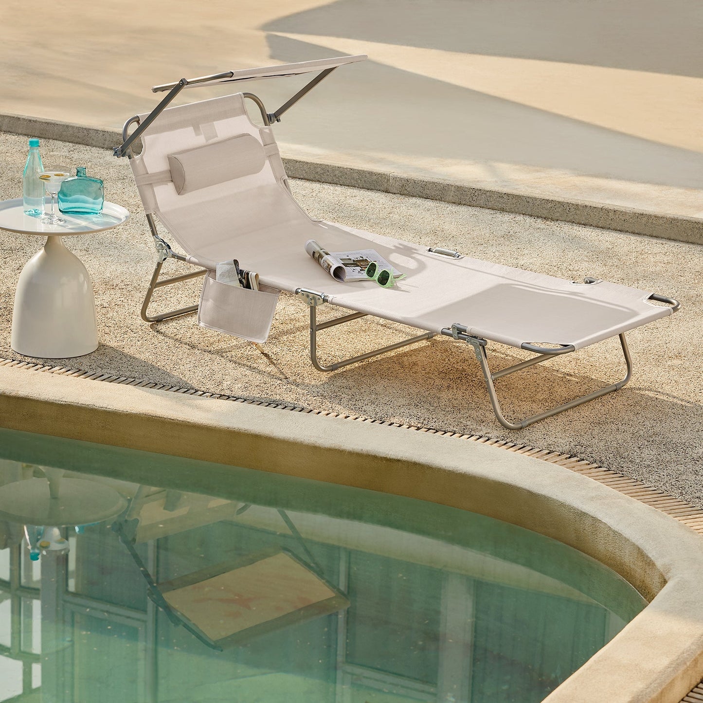 SoBuy Ligbed met Zonneklep - Opvouwbaar - Max. 120 kg - 195 x 63 x 30 cm - Beige