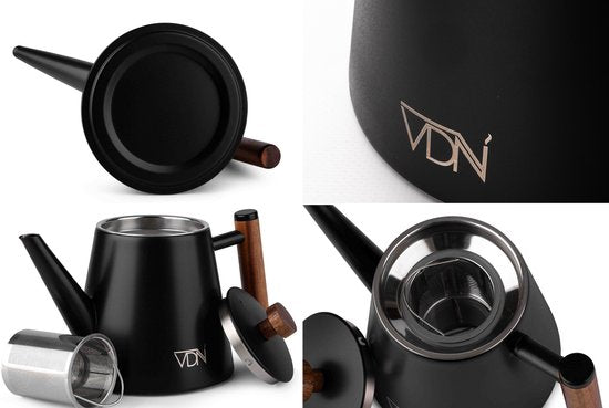VDN RVS Theepot Dubbelwandig met Filter - Zwarte Theekan 1 Liter - 904