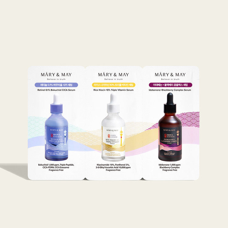 Korean Skincare Serum Set – Glow & Hydratatie – Mini Tester Set 3x – Mary & May Seoul Edition