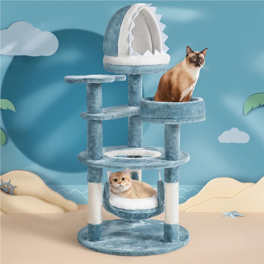 Yaheetech Kattenboom Ocean Style 115 cm – Blauw/Wit – Krabpaal met Kattenhuis, Ligmand, Plateau en Sisalpalen