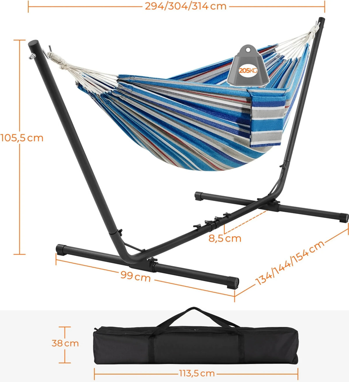 Campinghangmat met Standaard voor 2–3 Personen Verstelbaar 294–314 cm Blauw
