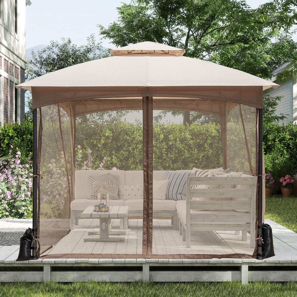 Coast Tuinpaviljoen - dubbel dak - muggennet en zandzakken - khaki 3 x 3 m