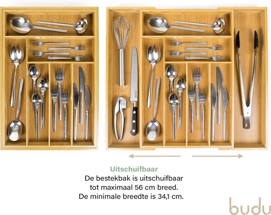 Budu Uitschuifbare Bamboe Bestekbak #50 (50 cm diep) - Bestekcassette Hout - Besteklade - 50 x 34,1 - 56 cm - 6/8 vakken