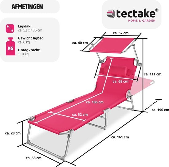 tectake® - ligstoel, robuust, verstelbaar, stalen onderstel met zonnescherm, 4-standen rugleuning inclusief hoofdkussen, strandstoel Ideaal voor tuin, zwembad, camping– pink - 68 x 190 x 28 cm