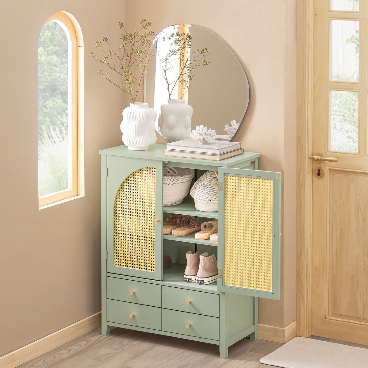 SoBuy Schoenenkast – 4 Lades & 2 Deuren met Rattan – 70x34x90 cm – Groen