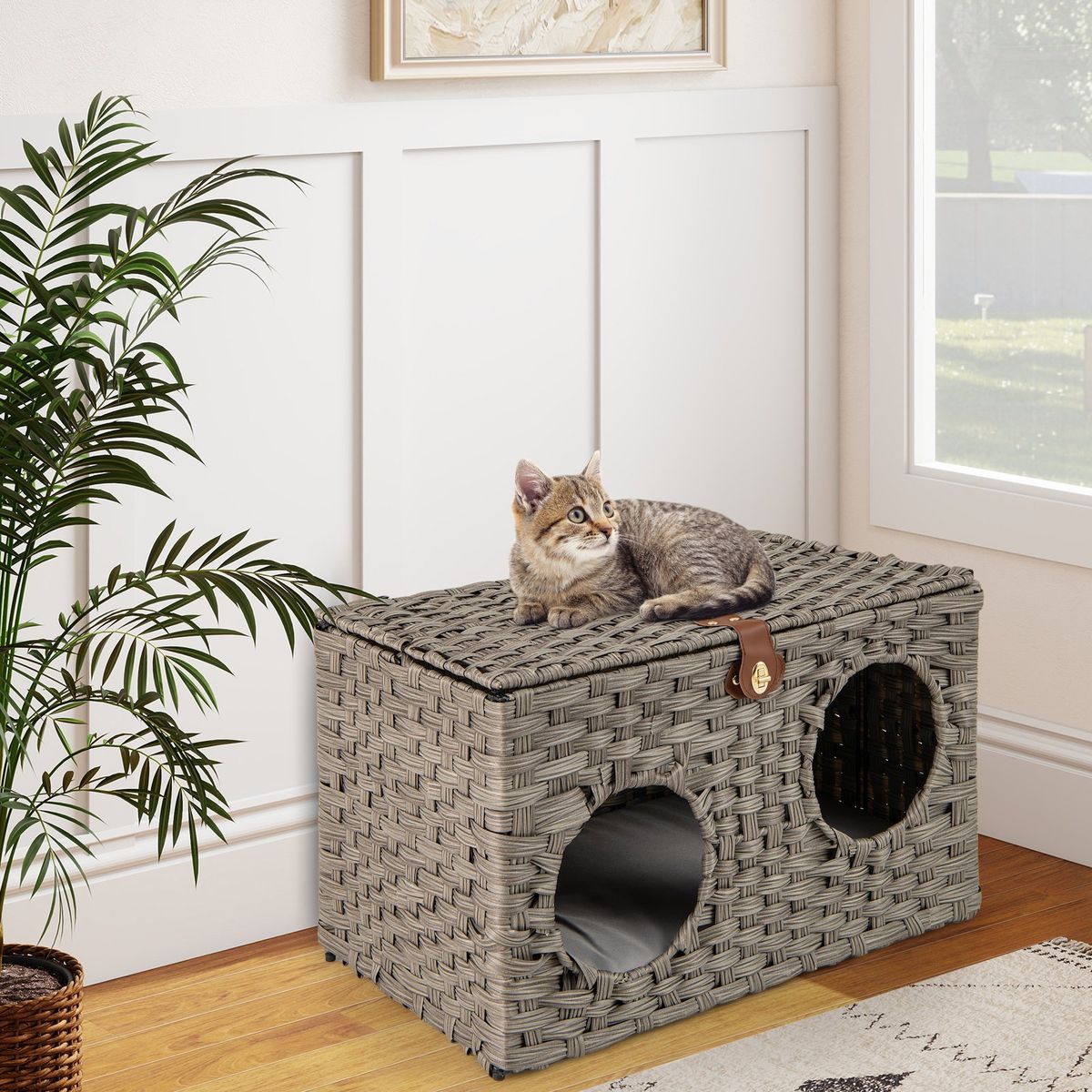 Coast Kattenhuis van riet - opvouwbaar kattenbed - afneembaar kussen - afsluitbaar deksel - 60 x 35 x 35 cm