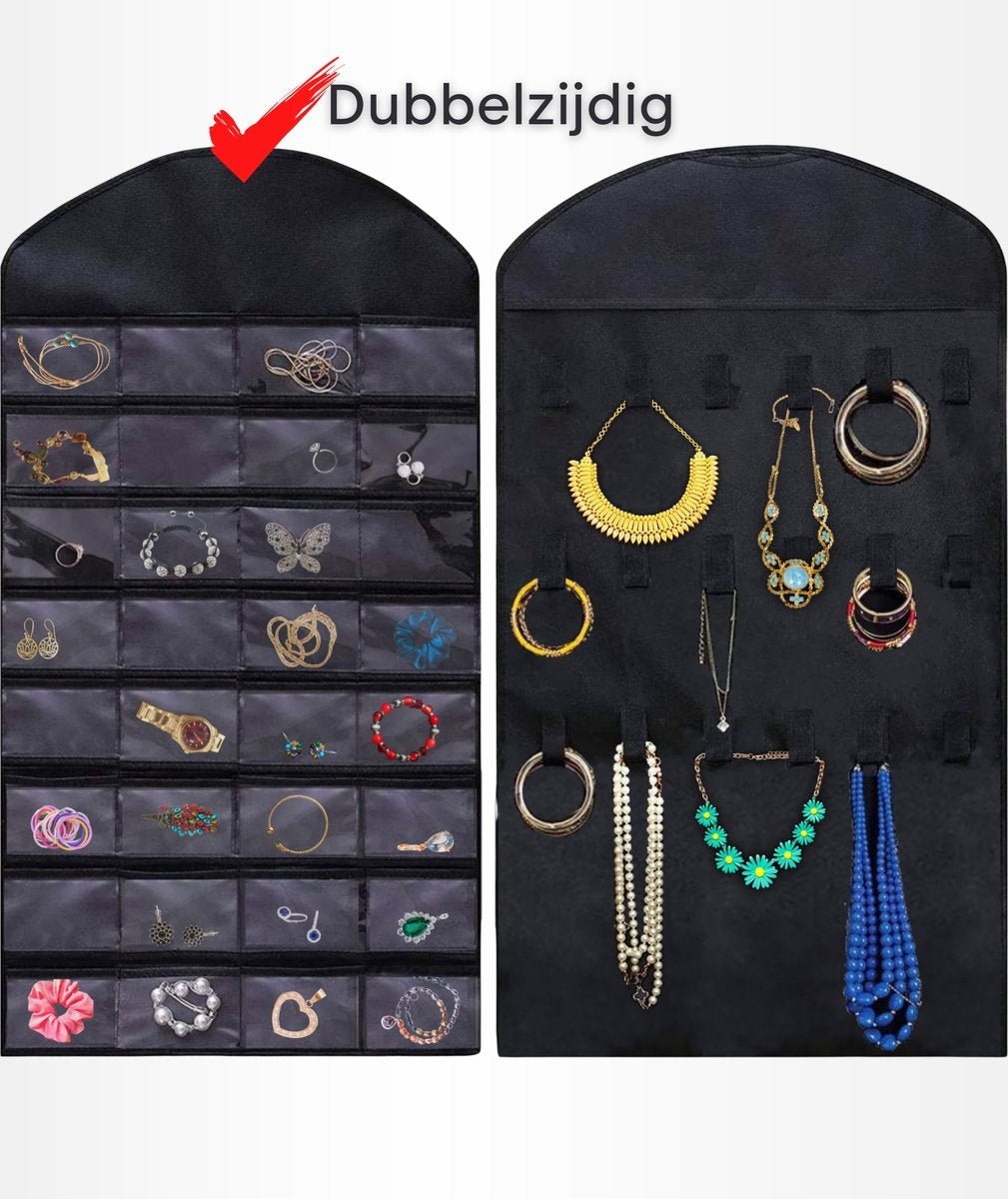 Aerend - Sieraden organizer - Dubbelzijdige hangende en doorzichtige Juwelenstandaard - Opbergaccessoires - Opbergtas boven de deur in zwart - Voor kettingen, oorbellen, zonnebrillen, ringen, Make-up
