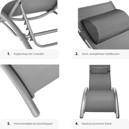Tectake® Set van 2 Tuin Ligstoelen - Grijs Aluminium