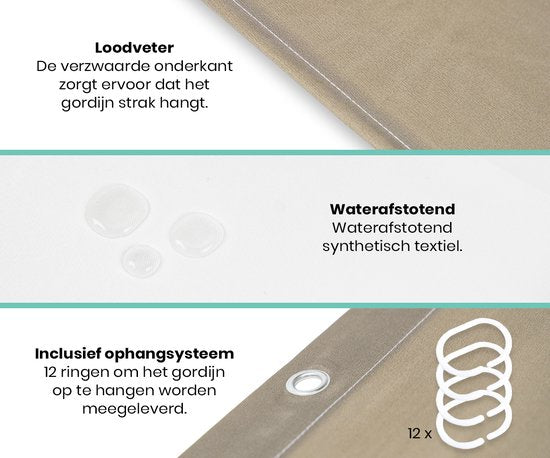 Loti Living Douchegordijn Anti Schimmel – Lichtbruin gestreept - Inclusief ringen – Waterdicht - Polyester - Douchegordijn 180x200 cm