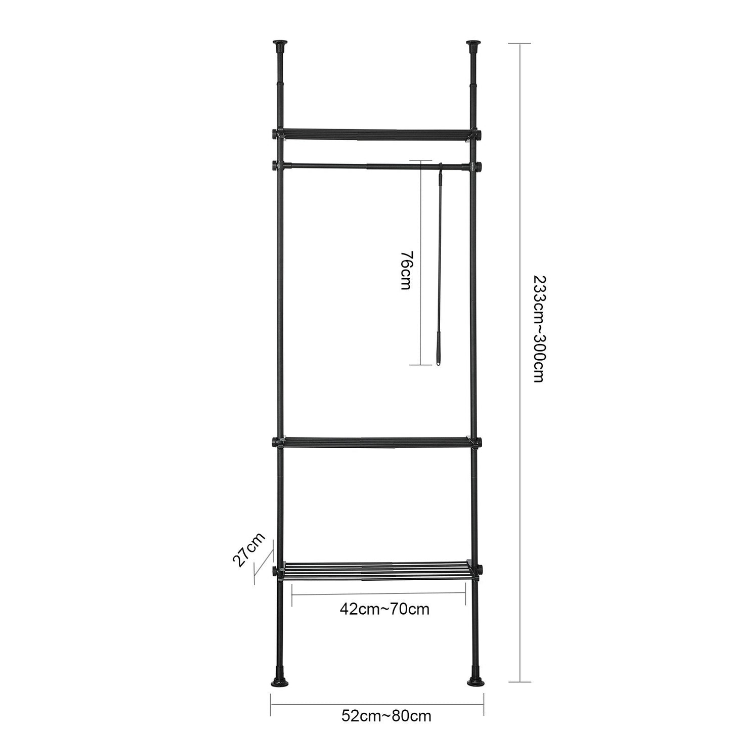 SoBuy Kledingrek - 1 Bar 3 Planken En 1 Vorkkleding - 52-80 x 233-300 cm – Zwart