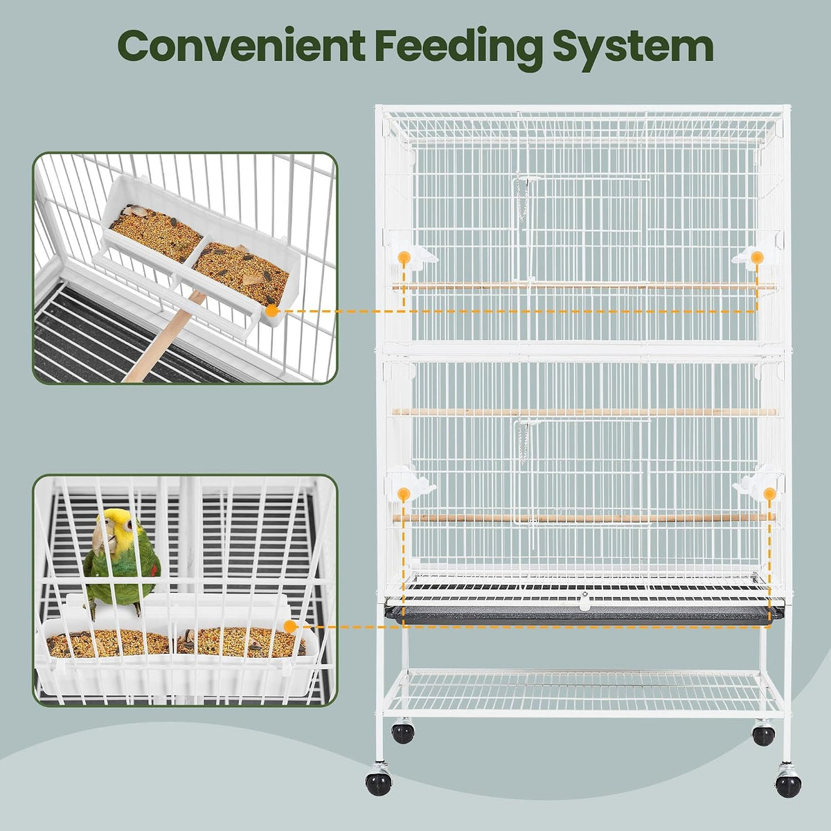 Yaheetech Vogelkooi met Standaard – 79 × 51,8 × 132 cm – Wit – Parkietenkooi met Wielen, 3 Houten Zitstokken en 4 Voederbakken