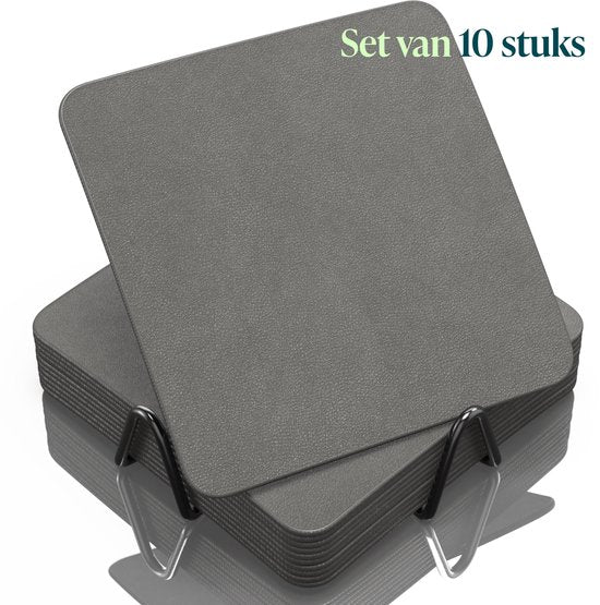 Castagnola Kunstlederen Onderzetters – Onderzetters voor Glazen – Design Onderzetters met Houder – Leren Onderzettersset met metalen houder – Leder – Set van 10 - Grijs - 10x10cm