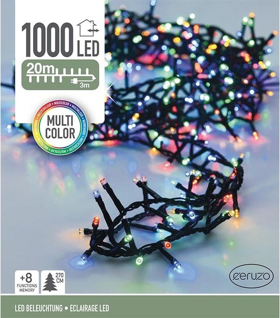 Ceruzo Gekleurde Kerstverlichting - Micro Cluster - 1000 LED - 20 meter - 8 Lichtfuncties + Geheugen - multicolor