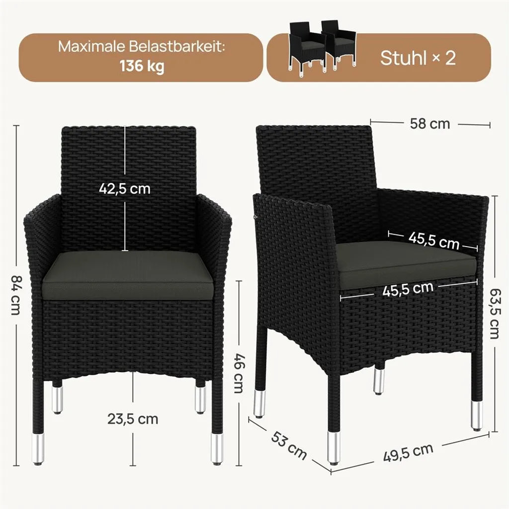 Yaheetech Set van 2 Tuinstoelen 58 x 58 x 84 cm - Zwart/Grijs - Polyrattan Tuinstoelen met Zit- en Rugkussens