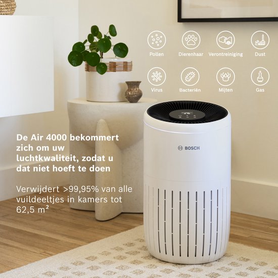 Bosch Air 2000 Luchtreiniger tot 37,5 m² - Verwijdert efficiënt het Vuil met HEPA Filter, Smart Sensor, Stille Modus - voor Allergische Mensen