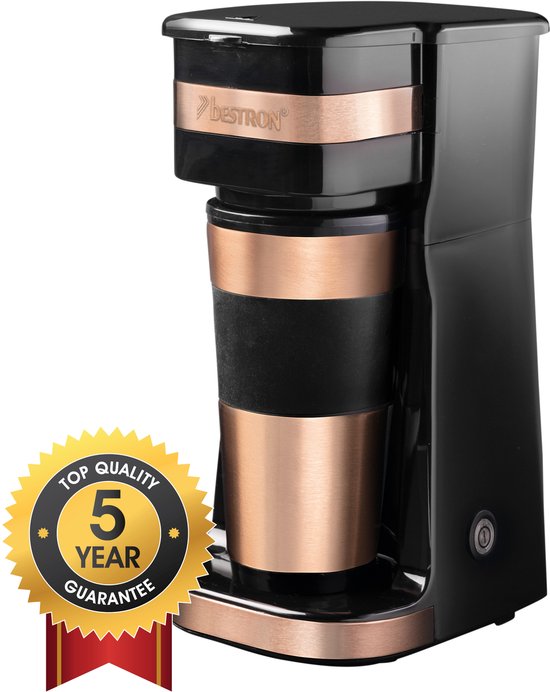 Bestron Koffiezetapparaat filterkoffie 750W - ACM112CO - 0,42L, 2 grote koppen - Thermosbeker - Koper - 5 jaar garantie