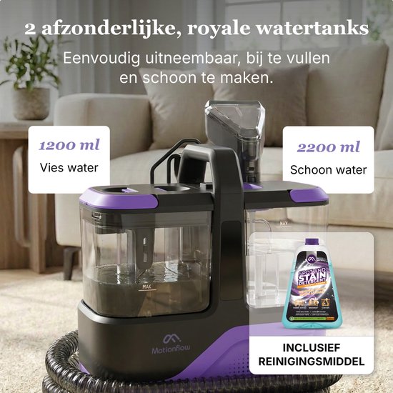 Motionflow Tapijtreiniger Go! - Krachtige 16 kPa Vlekkenreiniger en Zetelreiniger - Reinigingsmachine voor bank, vloer, auto en tapijt - Carpet Cleaner