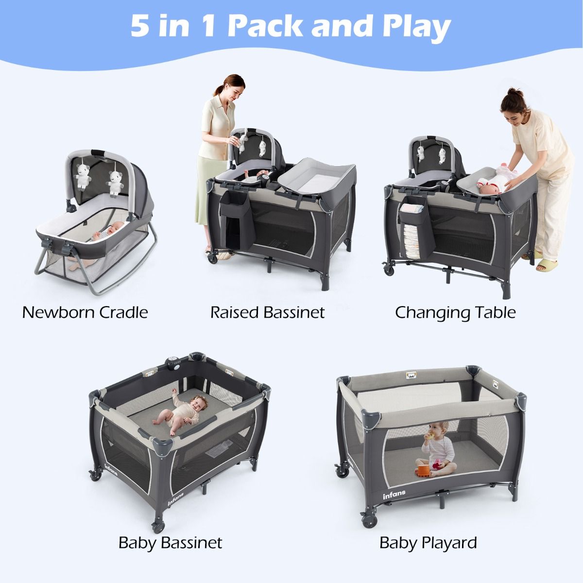 Coast 5-in-1 Reisbedje voor Baby's - Opvouwbaar babybed met commode en opbergmand - Inclusief draagtas - Grijs