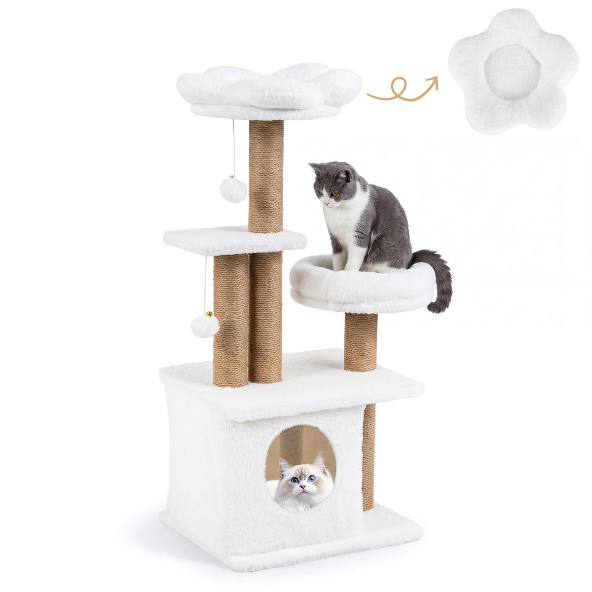 Coast Kattenkrabpaal - bloemvormig uitkijkplatform - kattenhuisje en bed - beige 96 cm