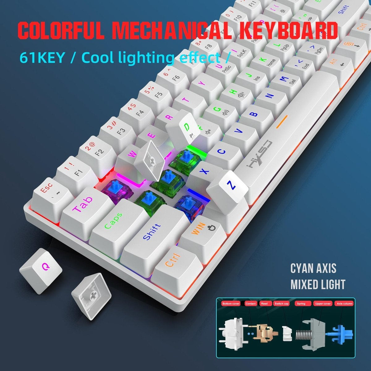 HXSJ V900 Bedrade Mechanisch Gaming Toetsenbord - RGB Verlichting - QWERTY - 61 Keys - Blue Switch - Wit